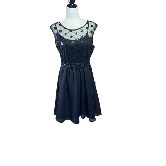 Ricki’s Black Cocktail Dress-Lined-Mesh Bodice-sequin Design-Sequin Belt-Size 12 - Picture 2 of 11
